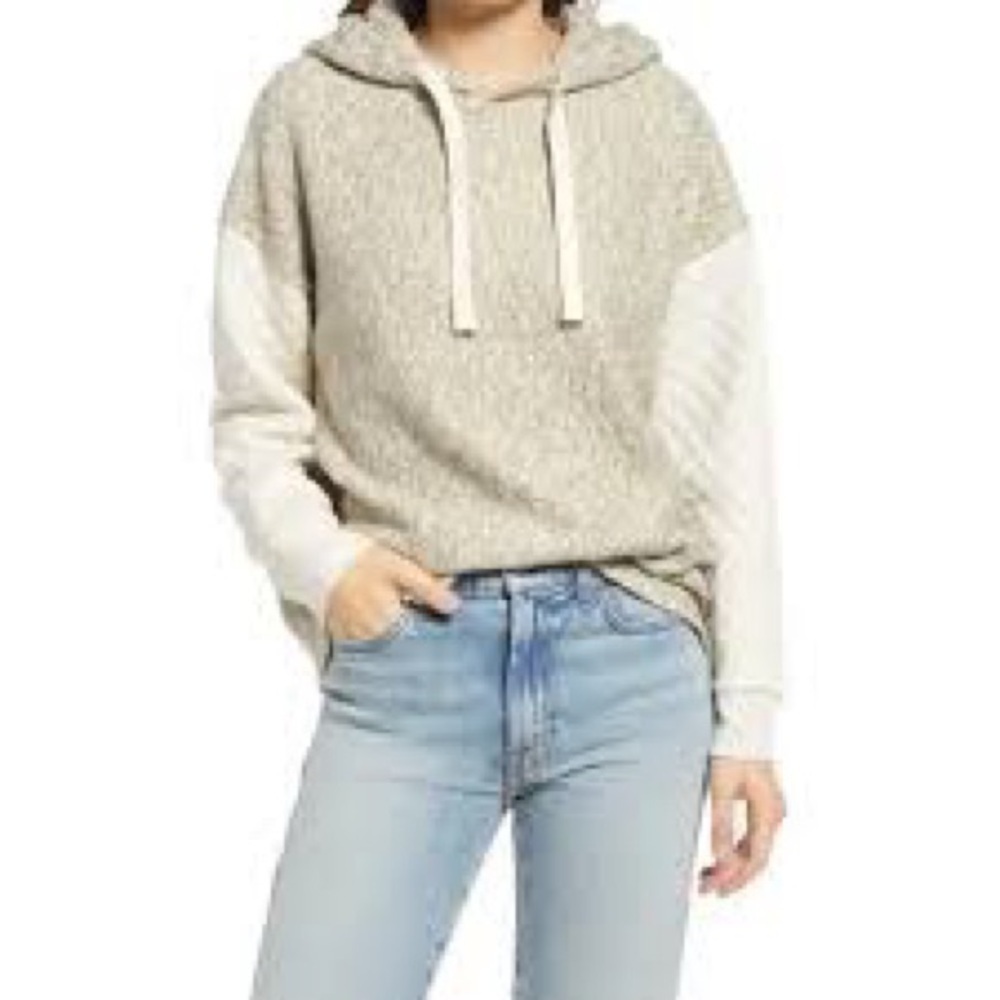 Madewell beige & ivory quilted sleeve hoodie sweatshirt marled storm grey, small